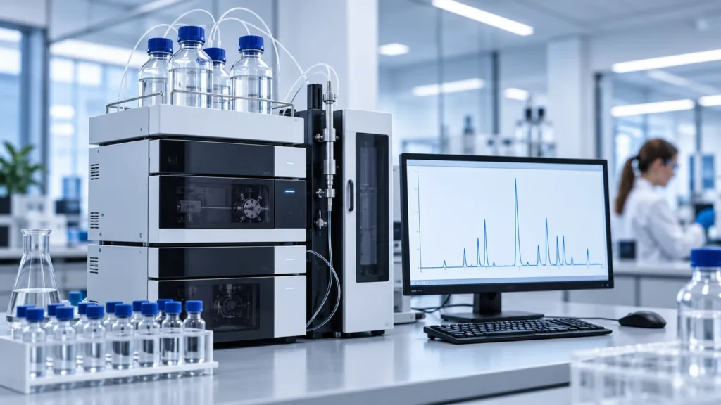 Illustrative HPLC instrument beside a chromatogram display.