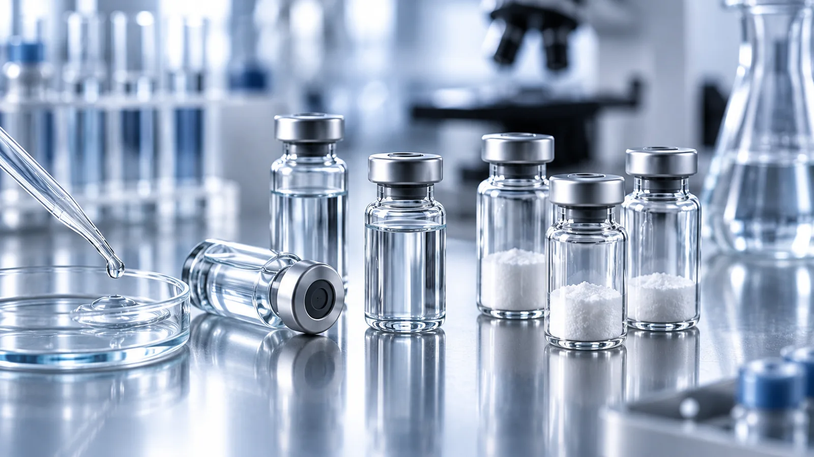 Unlabelled sample vials and a pipette on an illustrative laboratory bench.