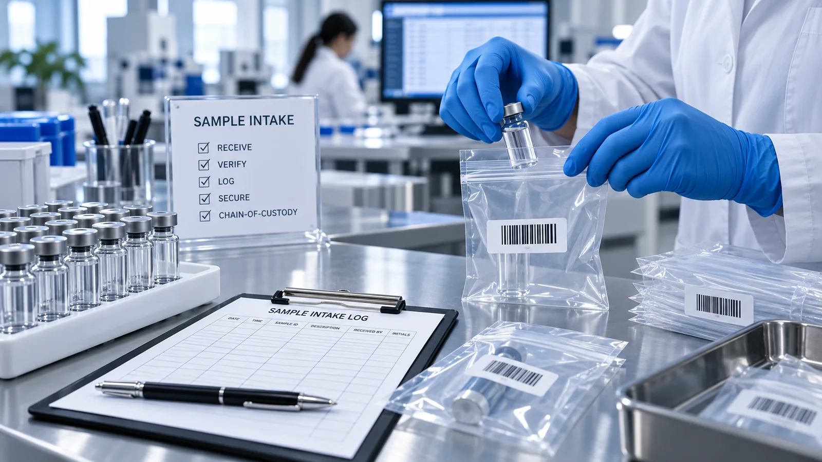 Illustrative sample-handling station with sealed sample bags and laboratory records.